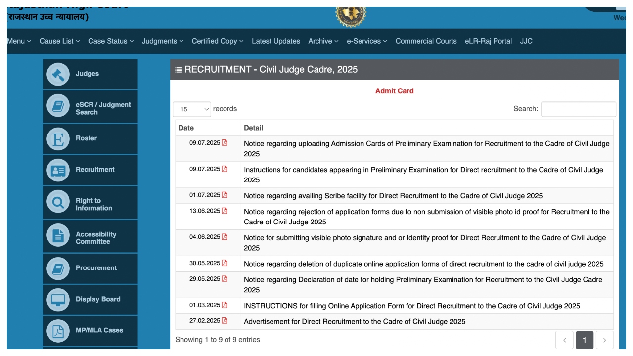 Rajasthan Civil Judge Admit Card 2025 Out How to Download at hcraj.nic.in